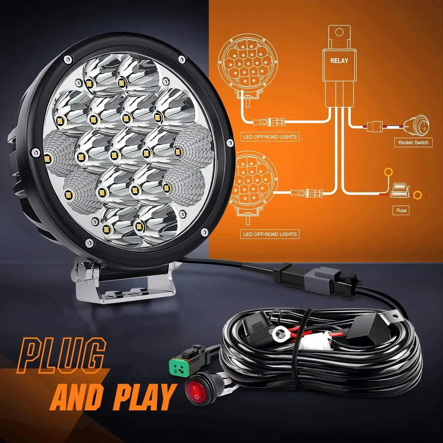 7 Inch 85W 10200LM Round Spot Flood Built-in EMC LED Work Lights (Pair) | 14AWG DT Wire