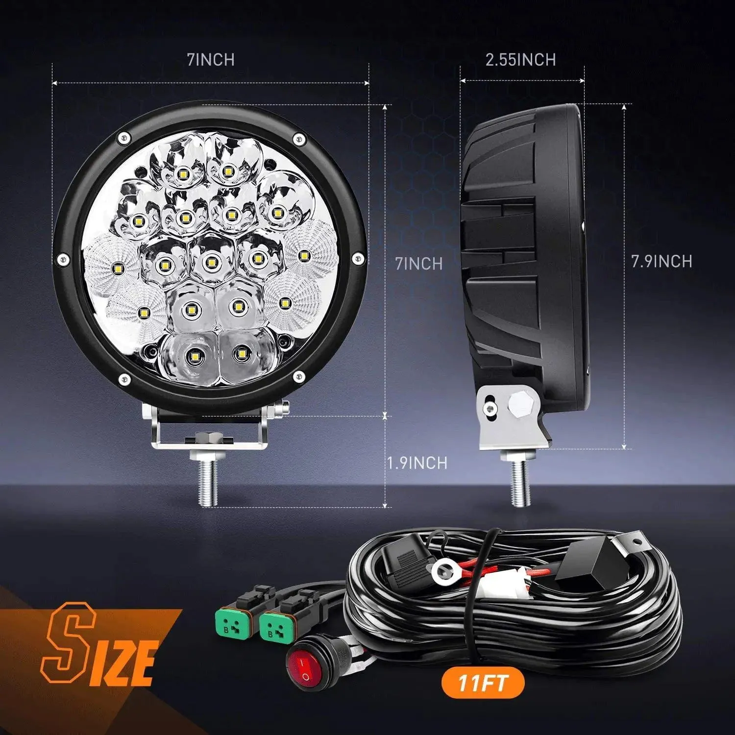 7 Inch 85W 10200LM Round Spot Flood Built-in EMC LED Work Lights (Pair) | 14AWG DT Wire
