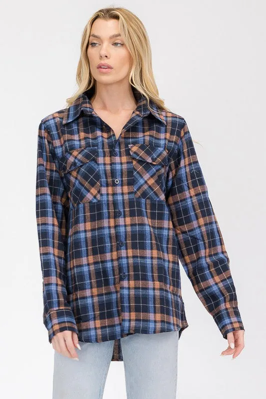 Boyfriend Fit Checker Plaid Flannel Long Sleeve with Chest Pockets