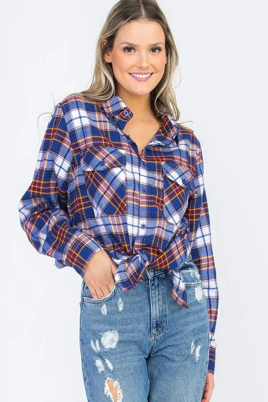 Boyfriend Fit Checker Plaid Flannel Long Sleeve with Chest Pockets