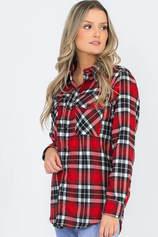 Boyfriend Fit Checker Plaid Flannel Long Sleeve with Chest Pockets