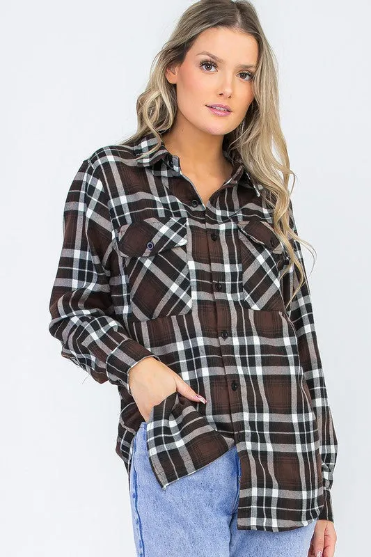 Boyfriend Fit Checker Plaid Flannel Long Sleeve with Chest Pockets