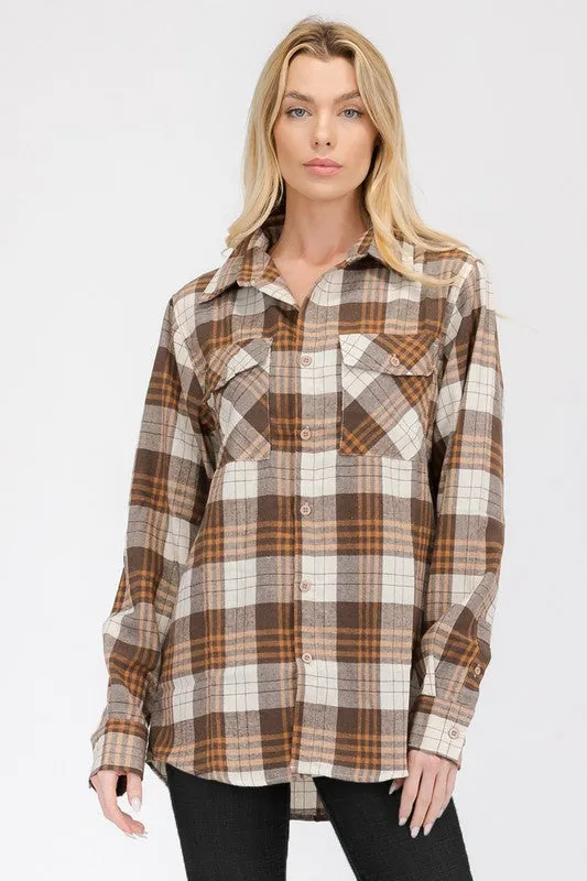 Boyfriend Fit Checker Plaid Flannel Long Sleeve with Chest Pockets