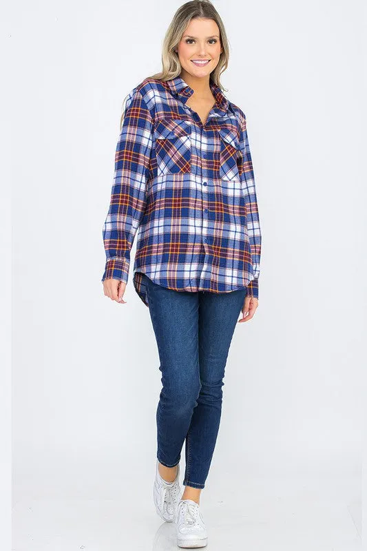 Boyfriend Fit Checker Plaid Flannel Long Sleeve with Chest Pockets