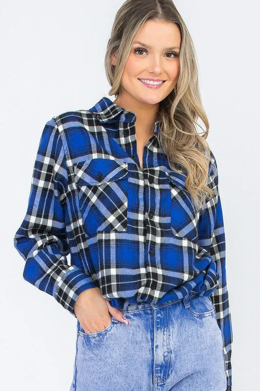 Boyfriend Fit Checker Plaid Flannel Long Sleeve with Chest Pockets