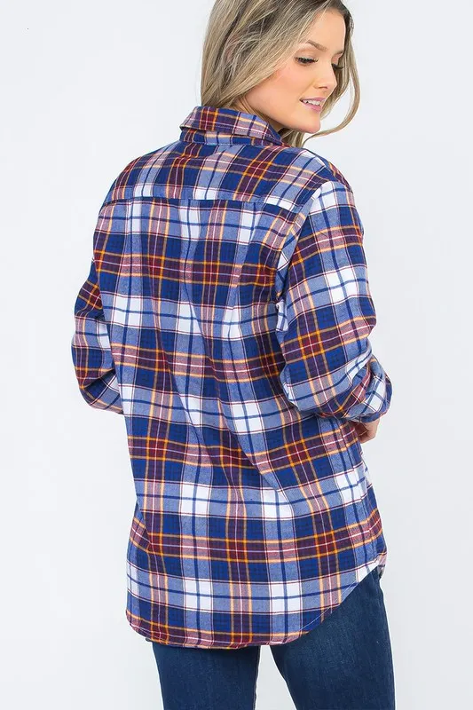 Boyfriend Fit Checker Plaid Flannel Long Sleeve with Chest Pockets
