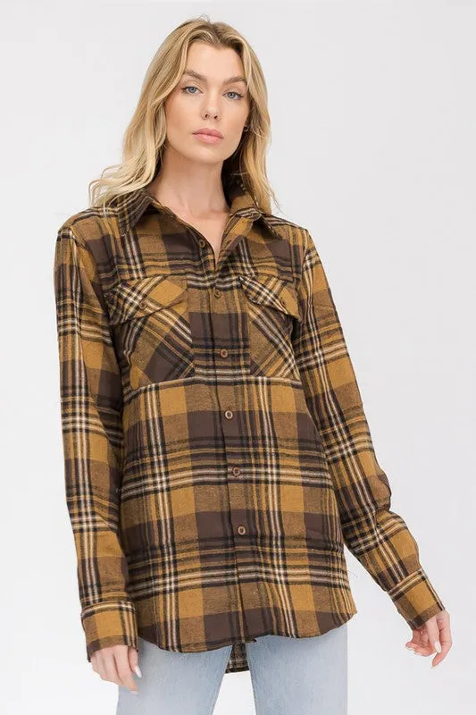 Boyfriend Fit Checker Plaid Flannel Long Sleeve with Chest Pockets
