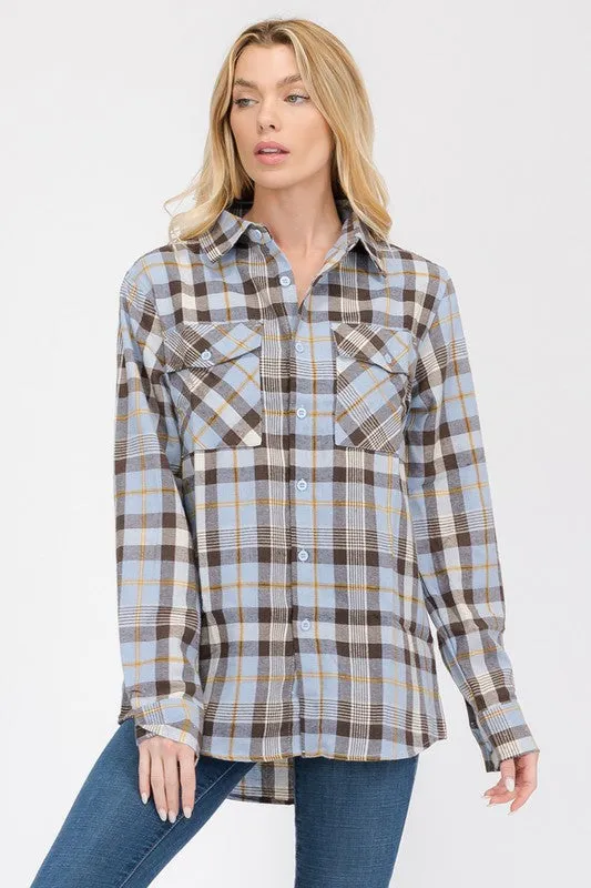 Boyfriend Fit Checker Plaid Flannel Long Sleeve with Chest Pockets