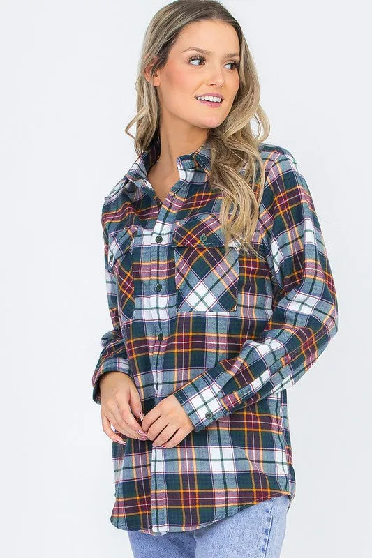 Boyfriend Fit Checker Plaid Flannel Long Sleeve with Chest Pockets
