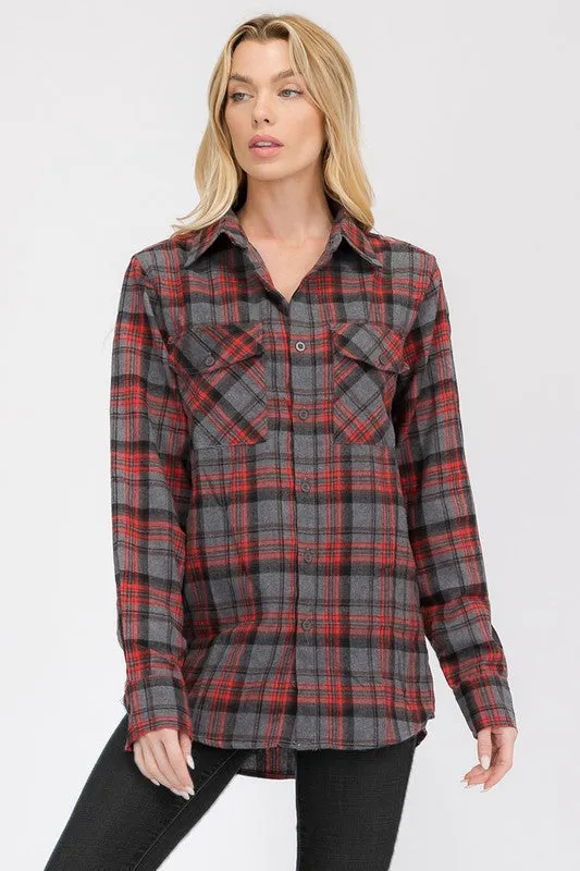 Boyfriend Fit Checker Plaid Flannel Long Sleeve with Chest Pockets