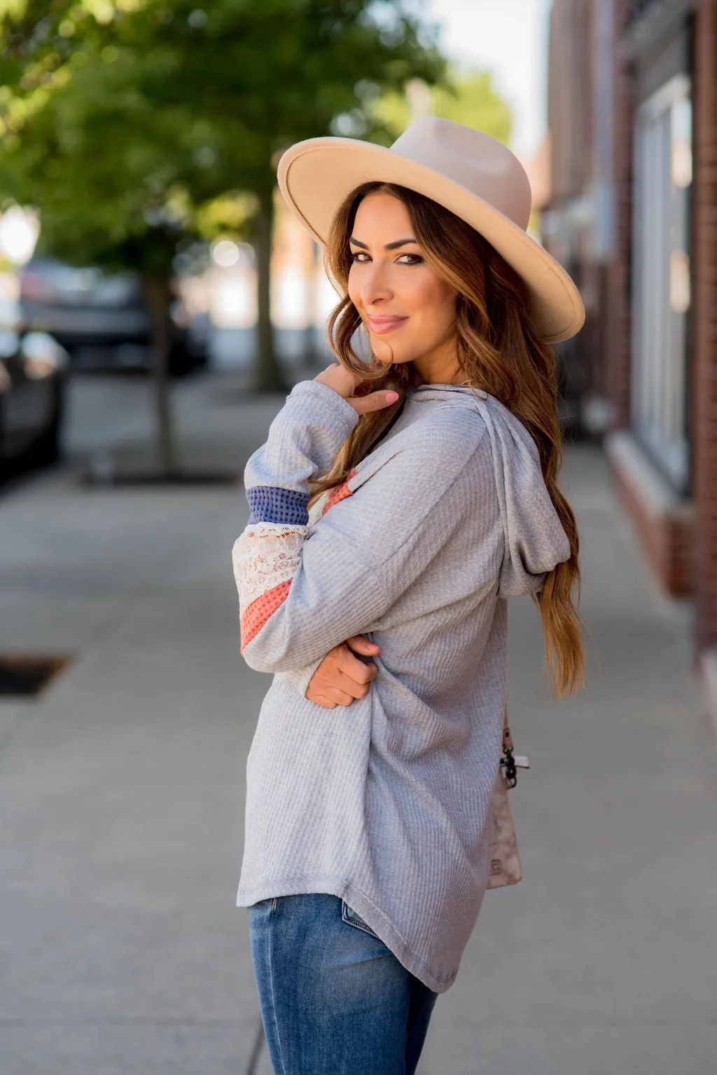 Color Blocked Lace Accent Hoodie