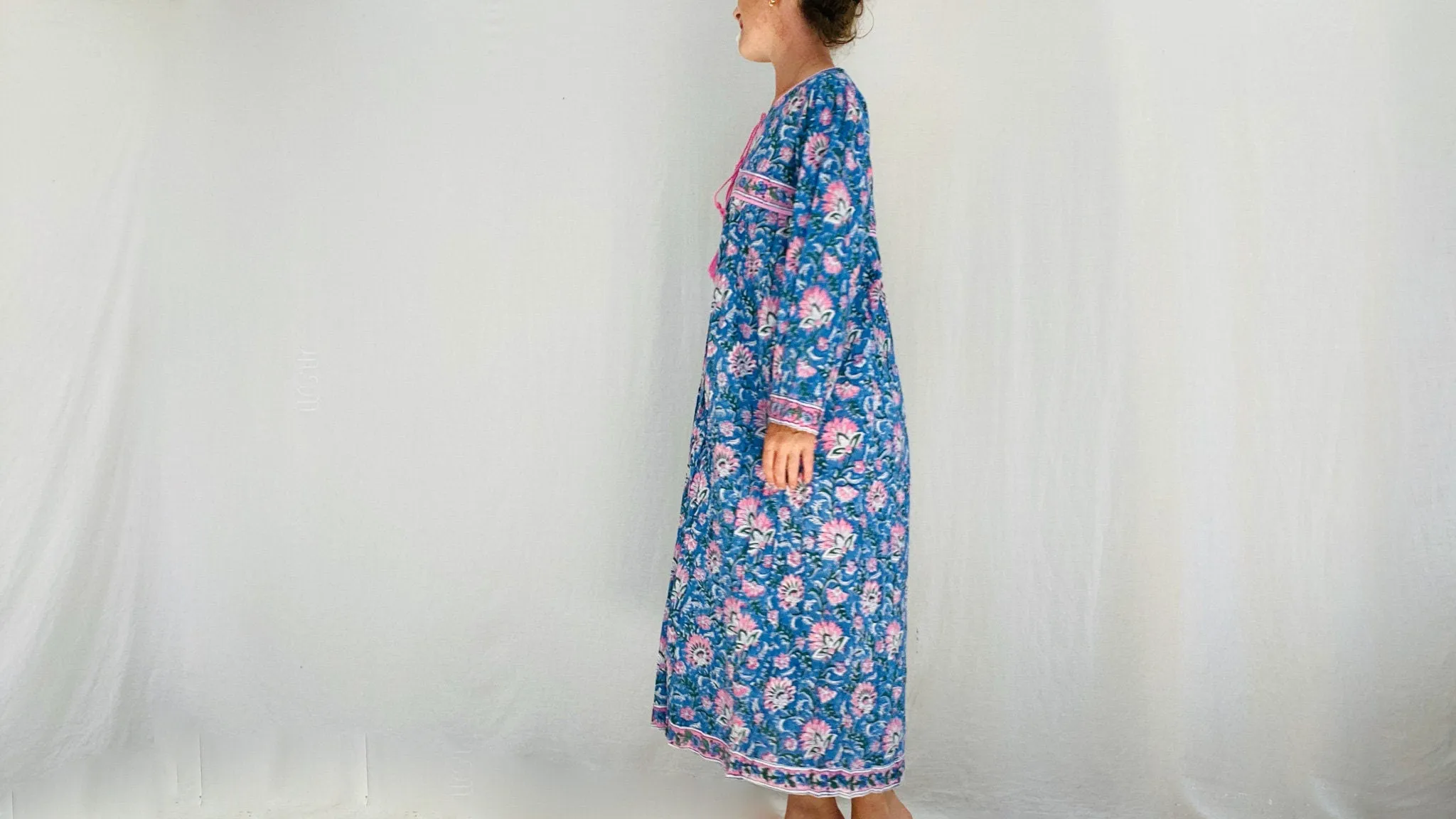 Indian Gauze Dress. Shirt Dress. Block Print. Sizes XS-XL