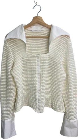 Rayure Paris Vintage White Sheer Striped dramatic collar Blouse UK L
