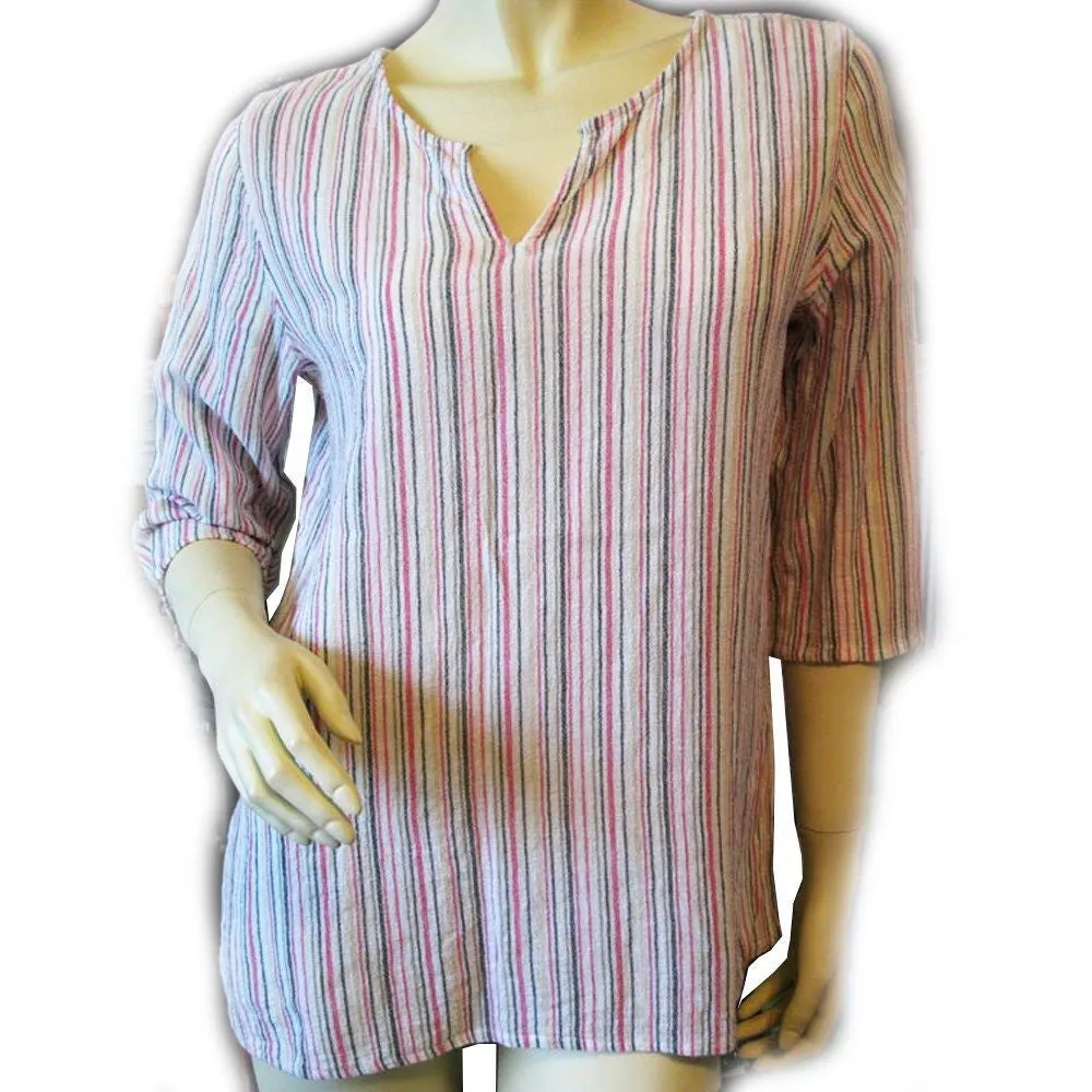 SHAVER LAKE Womens Tops White Pink Vertical Stripe Striped Pattern 3/4 Sleeve TOP Beachwear Summer Beach Wear