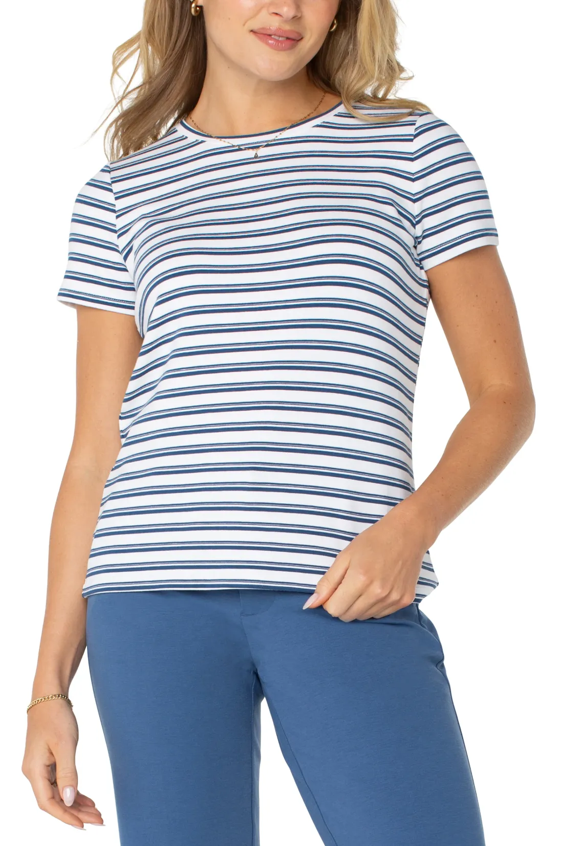 Short Sleeve Crew Neck Classic Knit Tee White Indigo Dusk