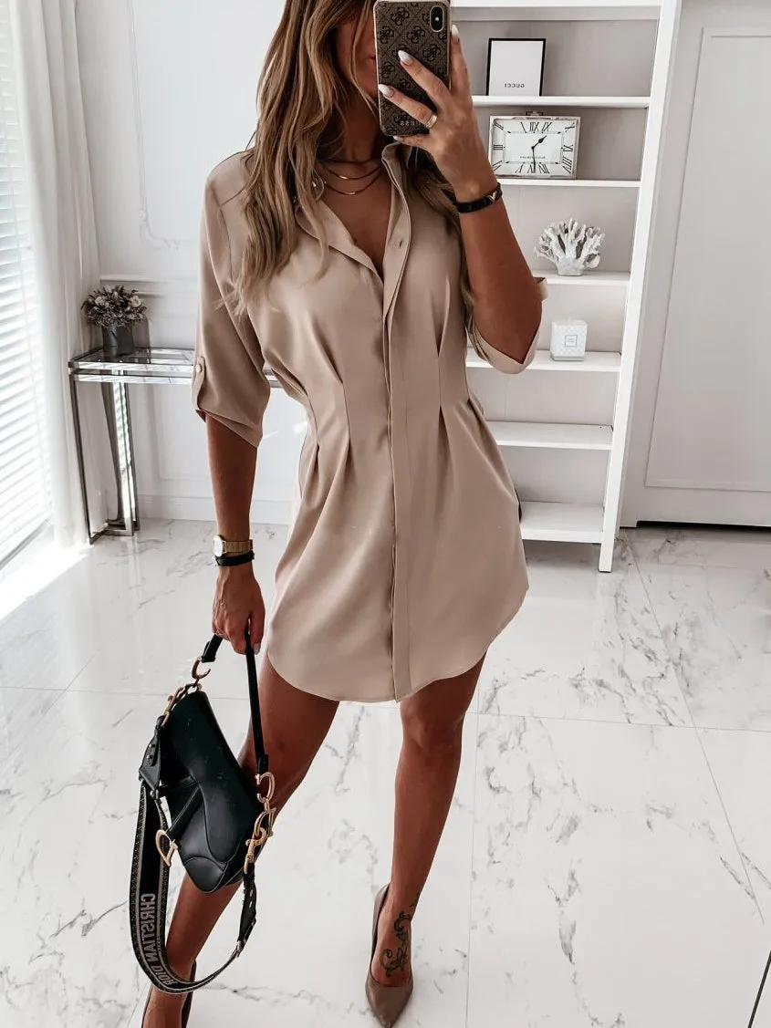 Solid Color Shirt Collar Mini Dreess